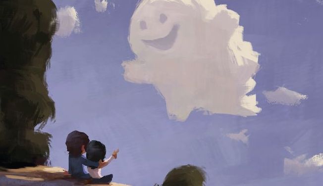 Couple Looking at Smiling Cloud