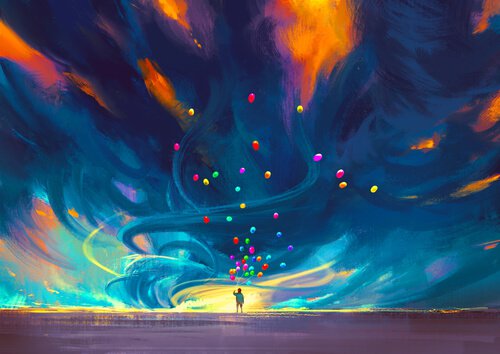 person with many colorful balloons
