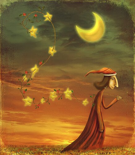 person trailing stars smiles