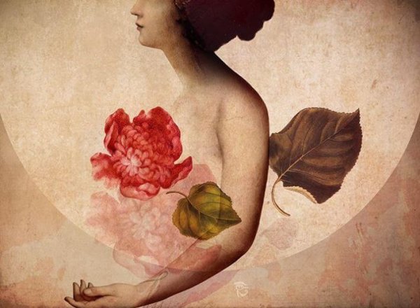 woman, leaves, flowers
