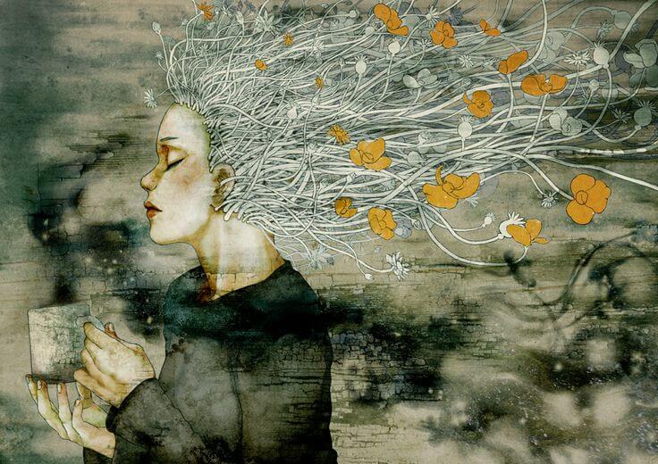 Woman with Flowers Growing from Hair