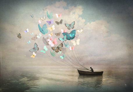 butterflies pulling a canoe