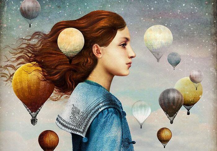 Girl Surrounded by Hot Air Balloons