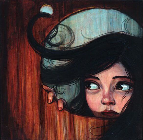 girl looking through a hole in the door