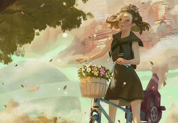 Girl on Bike with Basket of Flowers