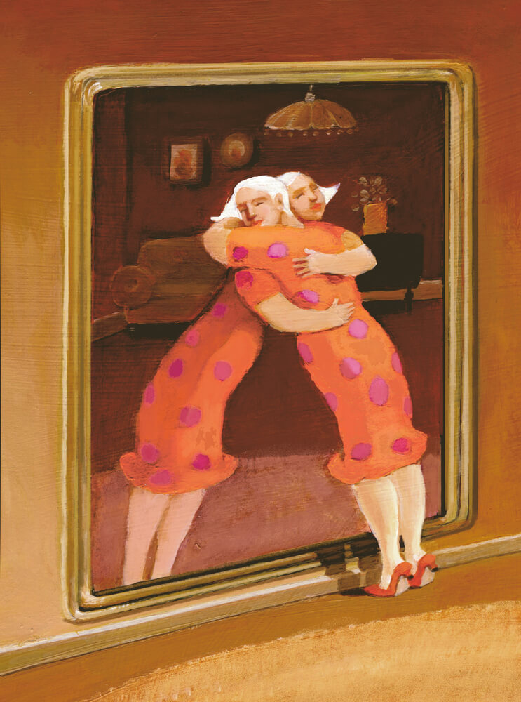 woman hugging her image in the mirror
