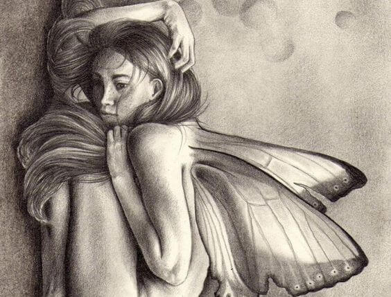 woman hunched over with butterflies