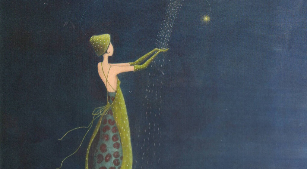 woman in green dress enveloped in silence