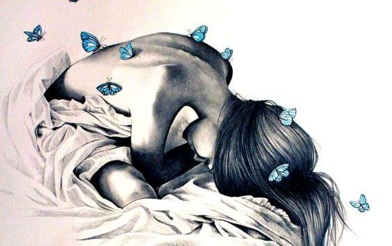 woman with butterflies on her back
