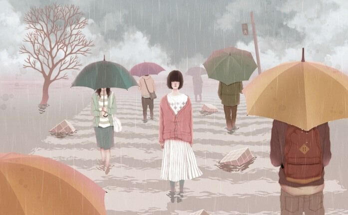 young woman on a cross walk in the rain