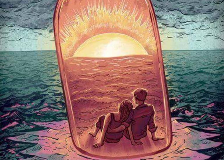couple in a bottle in the sea