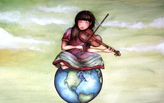 girl playing violin on world
