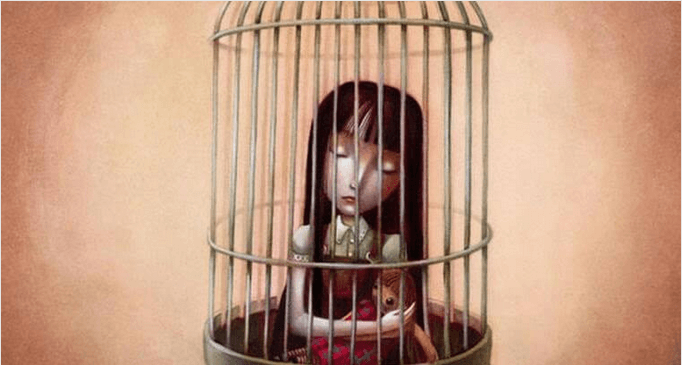 girl with doll in cage