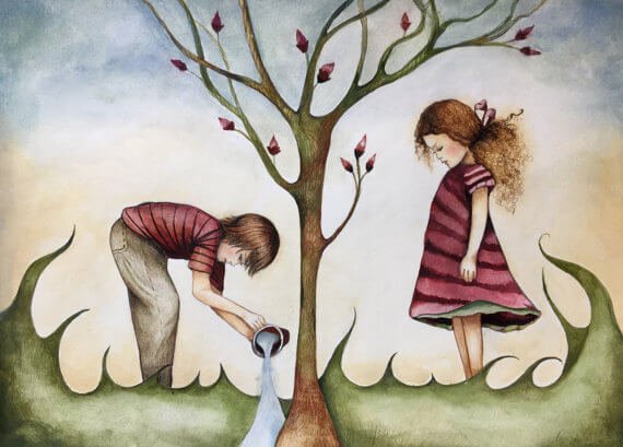 children watering tree