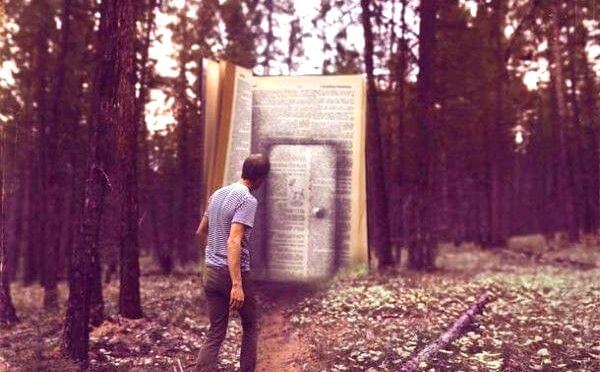 man in front of a door of a giant book
