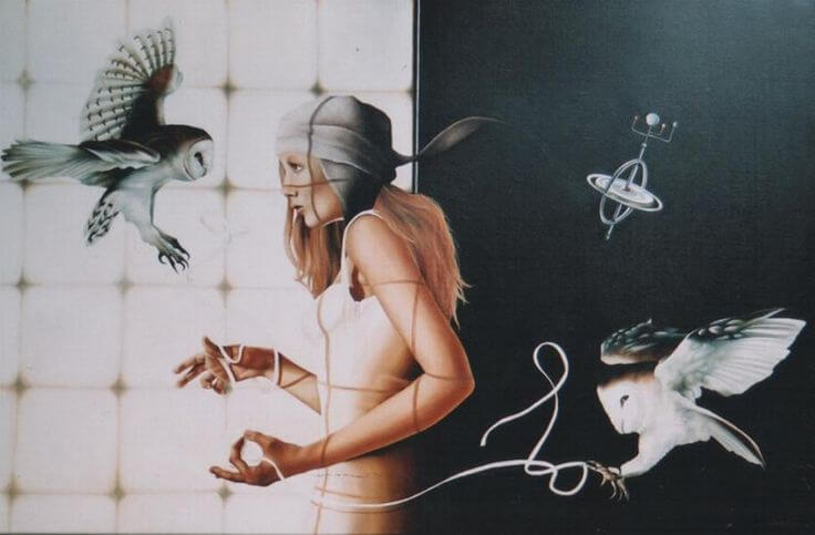 woman tangled in nets with animals