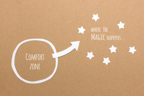 drawing of a comfort zone on the floor with white letters