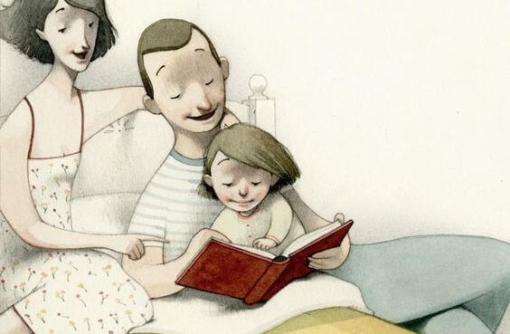 father and mother reading in bed