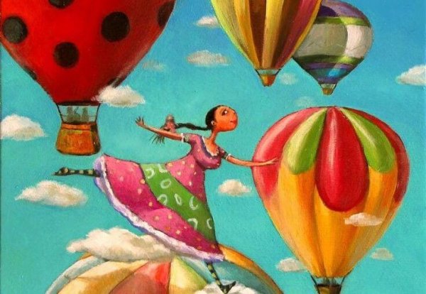 girl floating with hot air balloons