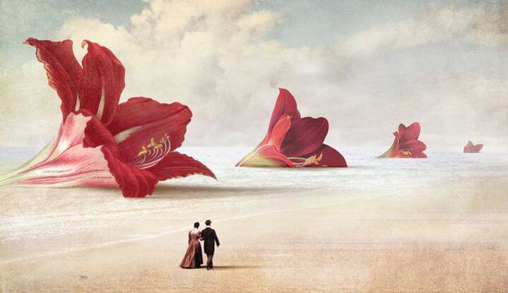 Couple on Beach, Giant Red Flowers
