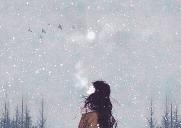 A woman breathing cold air.