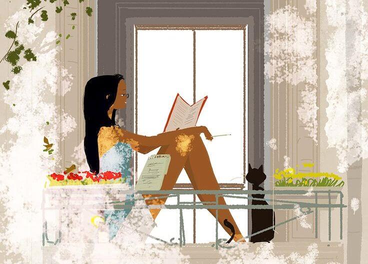 woman on a window with a cat