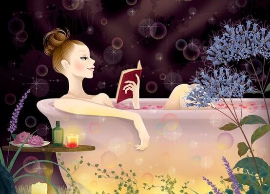 woman reading in a bath
