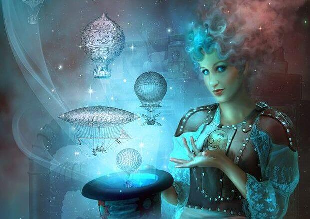 woman with top hat with balloons coming out