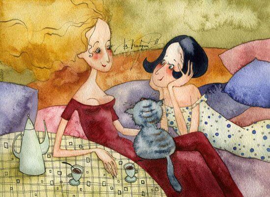 Friends Talking, Cat on Lap