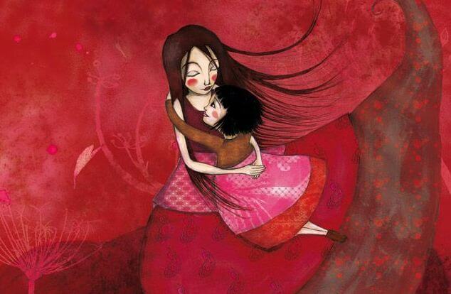 Mother and Daughter Hugging in Red Dresses