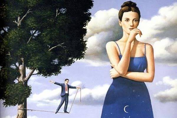 Woman Thinking, Man on Tightrope