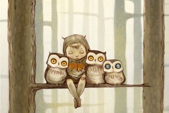 Boy in Tree with Owls