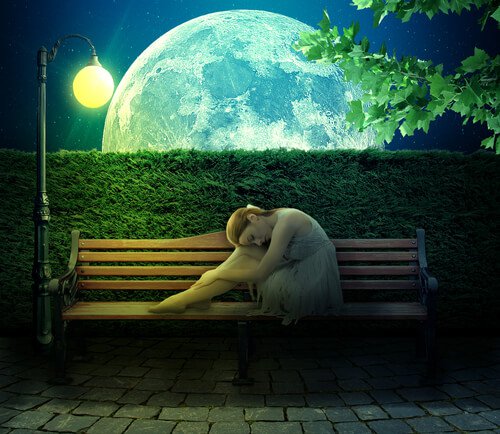 Woman on Bench by Full Moon