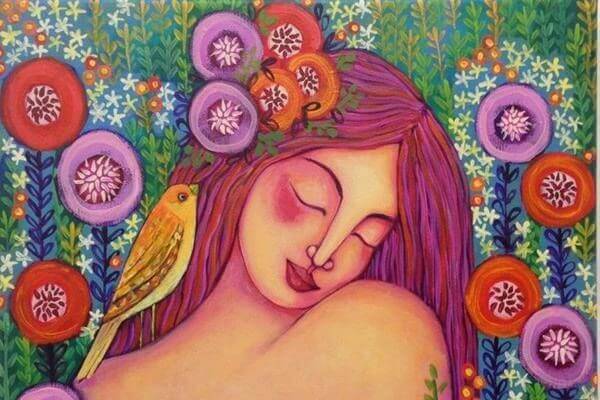 Woman Flowers in Hair Bird on Shoulder