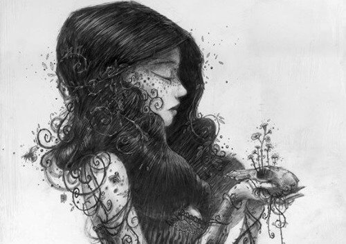 black and white girl with skull