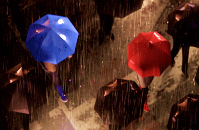 blue and red umbrellas