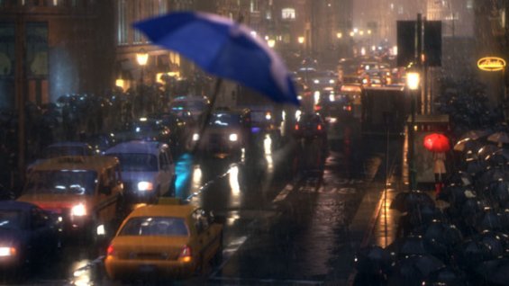 blue umbrella flying through city