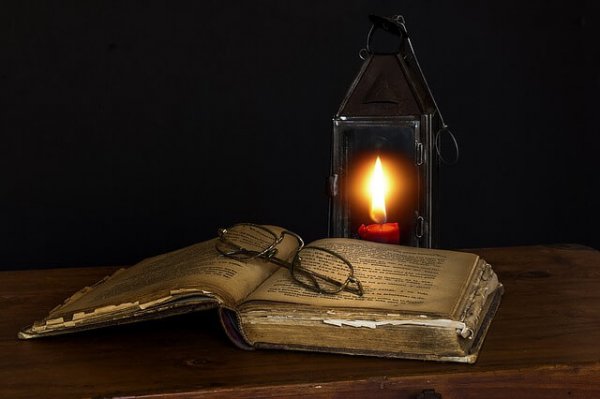 book, glasses, candle
