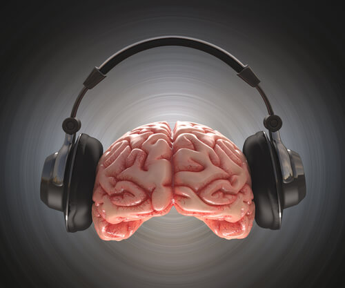 brain wearing headphones