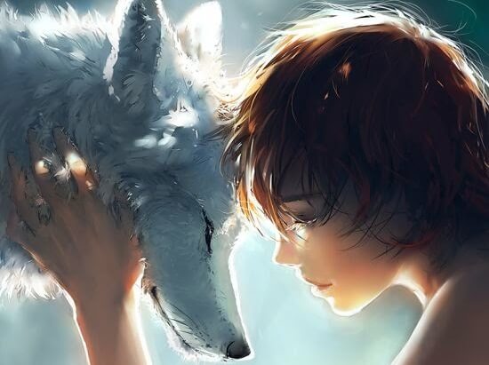 child hugging wolf