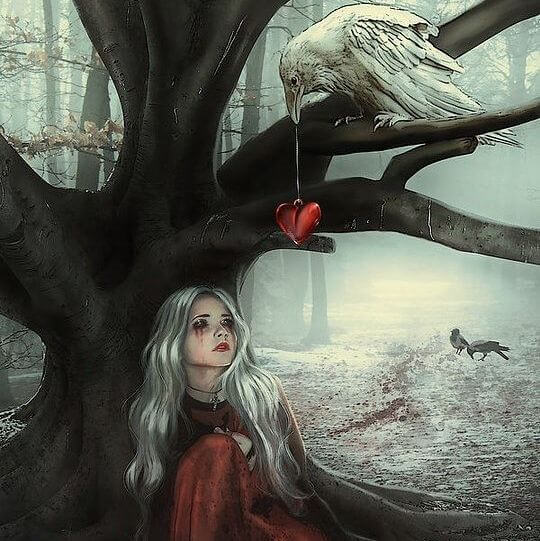 girl crying blood with bird and heart