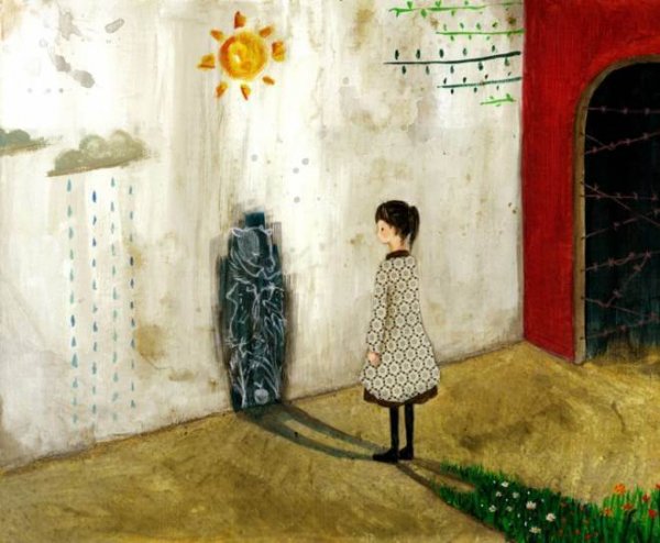 girl looking at her black shadow