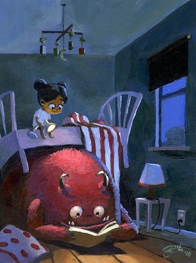 girl reading a book with monster under her bed