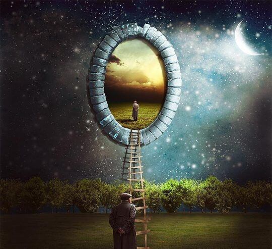 Man Looking At Hole To Other World