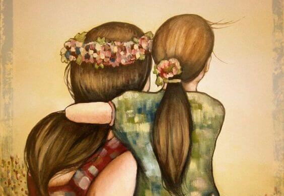 Friends Hugging Flowers in Hair