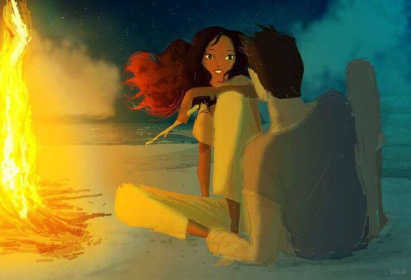 man and woman by a fire