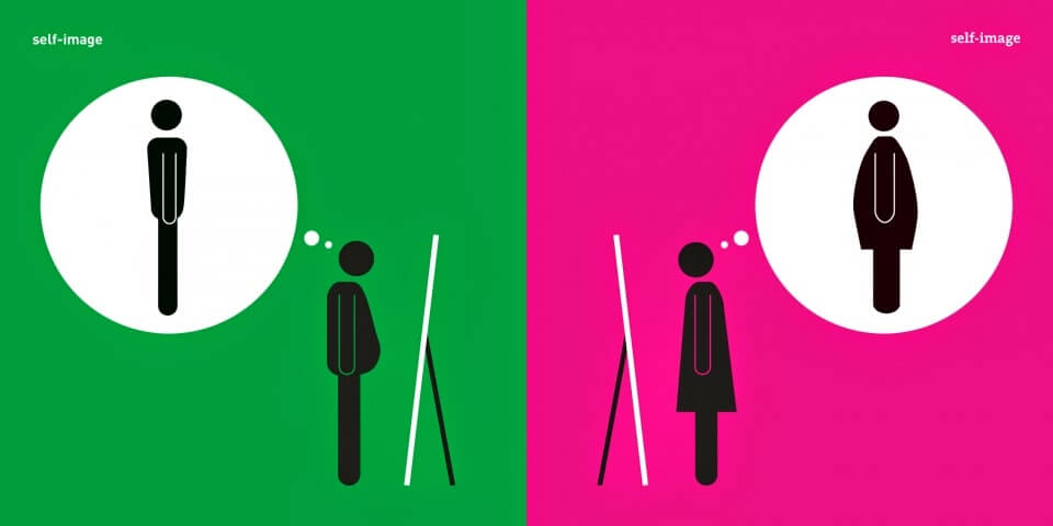 man and woman looking in mirror