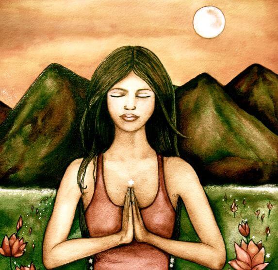 Woman Meditating by Mountains