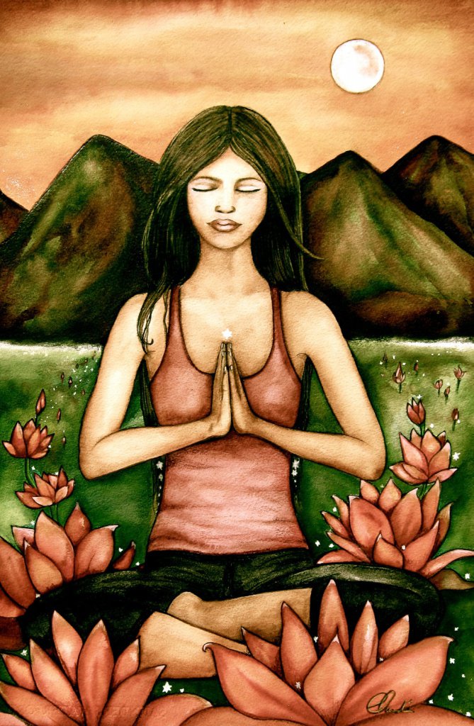Woman Meditating before Mountains