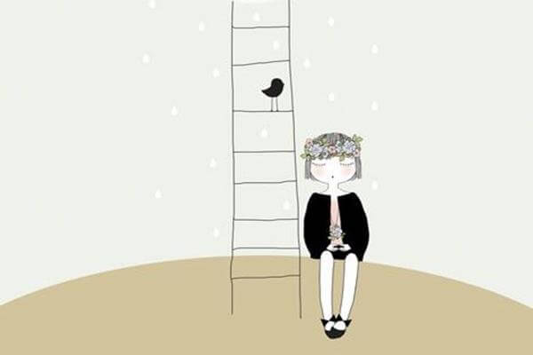 Girl Beside Ladder with Bird On It